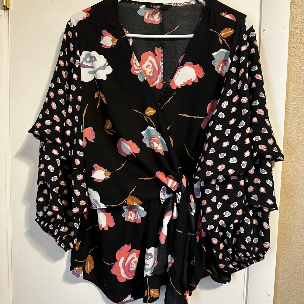 Relativity Black and Multi Color Floral Bell Sleeve Wrap Blouse